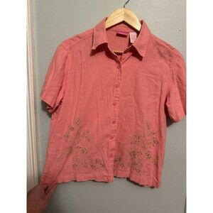 Cappagallo Women's Linen Blend Blouse Short Sleeve, Embroidered Sz PL (D45)